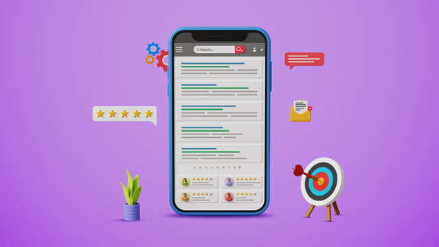 SEO ranking, SEO analysis, SERP, Search engine result page, website marketing, results query, organic reviews, website optimization. Smartphone with top search results. 3D illustration