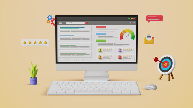 SEO ranking, SEO analysis, SERP, Search engine result page, website marketing, results query, organic reviews, website optimization. Computer with top search results. 3D illustration