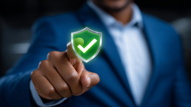 Professional in a blue suit validating digital tasks through a futuristic touchscreen interface with a glowing green checkmark shield, representing cybersecurity compliance and wor
