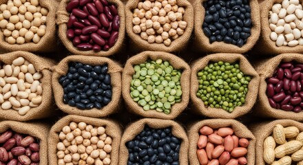 Fototapeta premium Beans Pulses Abundance Variety of legumes in burlap bags.