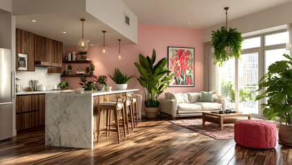 Elegant and trendy kitchen and living room setup with wooden elements, wall art, and plants, perfect for a modern home interior.