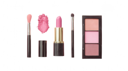 Makeup set with blush, lipstick, and eye shadow on a pastel pink background, png, transparent