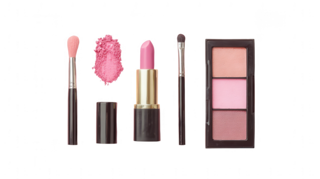 Makeup set with blush, lipstick, and eye shadow on a pastel pink background, png, transparent