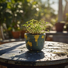 Painterly Scene of a Small Plant in Paint-Splattered Pot on Artistic Table 