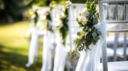 Rows of chairs adorned with white fabric sashes tied with greenery and flowers, set up for an elegant outdoor event