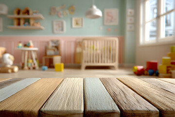 Wooden tabletop mockup with baby room background