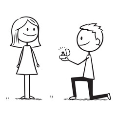 A heartwarming stick figure illustration depicts a marriage proposal with a man kneeling and offering a ring to a woman