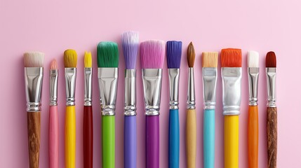 Paint brushes with colorful handles lined up