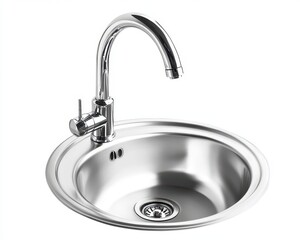 Sleek Silver Faucet and Sink Set Isolated on Bright White Background