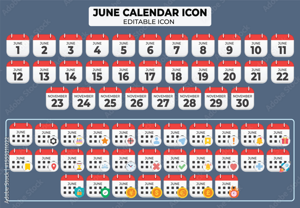 Poster june calendar icon set with editable design elements for planning and scheduling