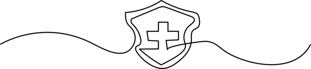 Continuous line drawing of health shield. Single line illustration of medical shield. Protection health care concept. Editable stroke 