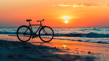Fototapeta premium Silhouette of Bicycle on Beach at Sunset Serene Coastal Scene Minimalist Design
