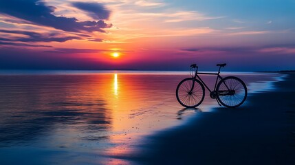 Obraz premium Silhouette of Bicycle on Beach at Sunset Serene Coastal Scene Minimalist Design