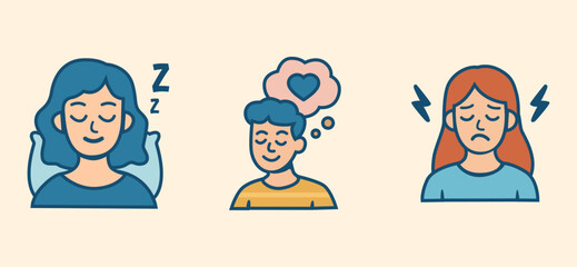Flat vector showing human expressions of rest, love, and anxiety in cartoon style for wellness and psychological content