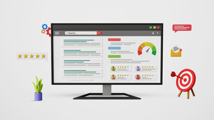 SEO Optimization, SEO ranking, SERP, digital marketing, web analytics, website ranking, organic reviews, top results. Optimized search engine results or SERP on computer screen. 3D illustration