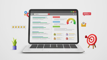 SEO Optimization, SEO ranking, SERP, digital marketing, web analytics, website ranking, organic reviews, top results. Optimized search engine results or SERP on laptop. 3D illustration