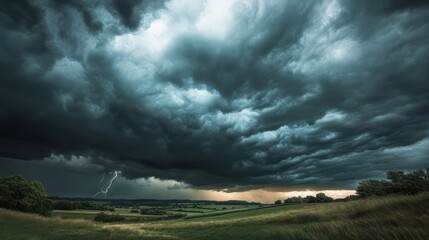 Dark Storm Clouds Over a Green Landscape with Lightning in the Distance