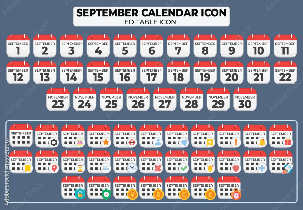 Poster september calendar icon set with editable elements and different scheduling events, vector illustrat
