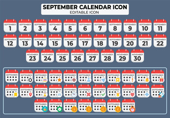Naklejka premium September calendar icon set with editable elements and different scheduling events, vector illustrations for web and design