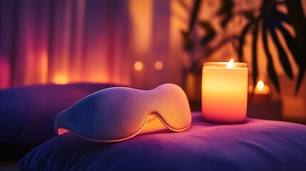 Sleep mask mockup on velvet cushion beside candle rainbow gradient lighting luxury self-care lifestyle rich colorful interior background