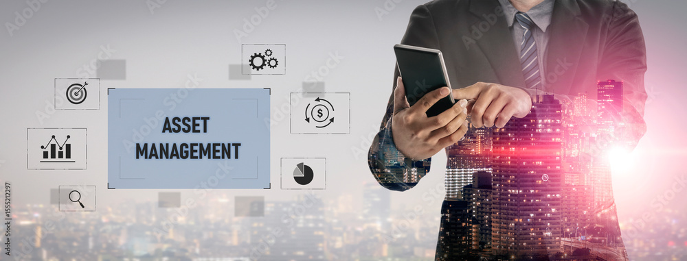 Poster asset management system showing investment planning, financial goal tracking, roi analysis, and perf