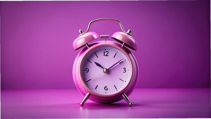 Pink Analog Alarm Clock Set to 10:10 on Vibrant Purple Background Symbolizing Time and Morning Routines
