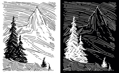 Mountain Landscape Vector – Hand-Drawn Engraving Style Nature Scene (Light and Dark Versions)