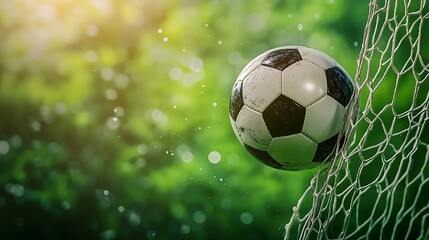 Fototapeta premium Soccer ball hitting goal net on green background concept of sport victory energy football match focus