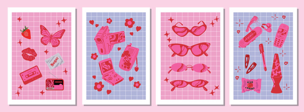 Y2K Nostalgia Vector Set 2000s Aesthetic Objects in Pink Retro Style