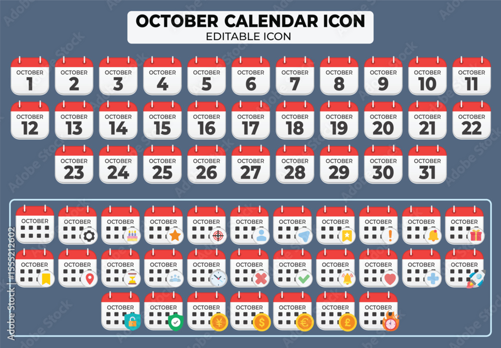 Fototapete october calendar icon set with editable features for events and dates, ensuring easy customization a
