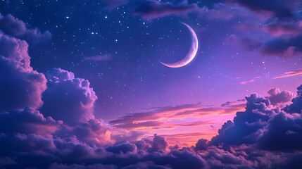 Starry night sky with a crescent moon, soft purple and blue clouds, twinkling stars, serene and mystical