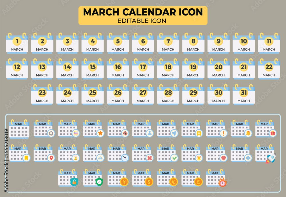 Poster editable vector icon set featuring all days of march month calendar design