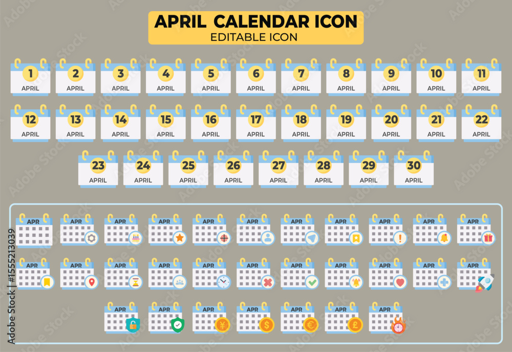 Poster editable vector icon set of april calendar, with complete date and various icons that can be customi