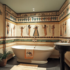 Luxurious bathroom featuring Egyptian revival decor with intricate wall murals depicting ancient figures and symbols. elegant bathtub complements rich historical theme