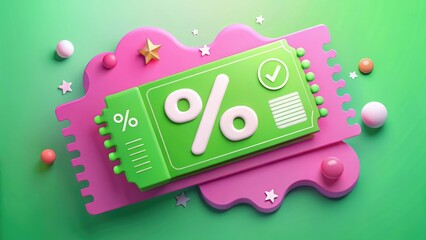 Green Discount Ticket with Checkmark and Percent Symbols on Playful Pink Background Representing Sales and Promotions
