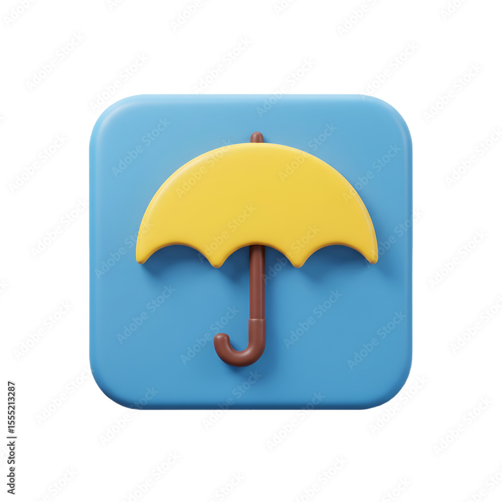Fototapete A bright yellow umbrella with a brown handle is depicted as a 3d icon on a rounded square blue background isolated on transparent background