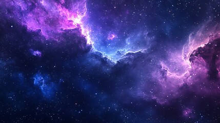 Obraz premium Stunning cosmic background with deep purples and blues, swirling nebulae, scattered stars, ethereal glow