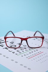 Glasses and vision test chart on light blue background, closeup