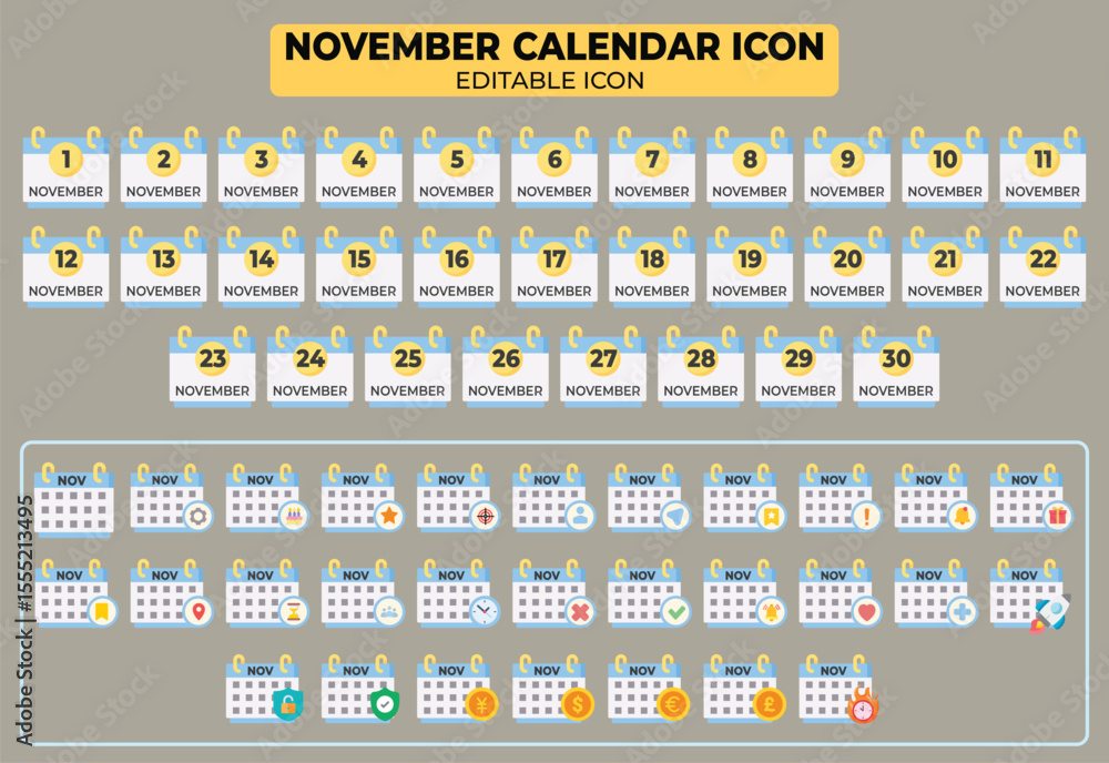 Poster november calendar icon set with editable features and various date designs for planning