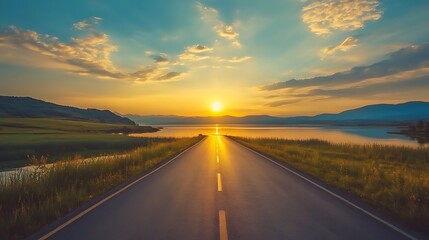 Fototapeta premium Sunset road by calm lake scenic view nature escape concept of peace journey horizon