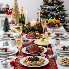 Festive christmas dinner table setting featuring roasted meat, champagne, and decorated cookies for the holiday, jpg.