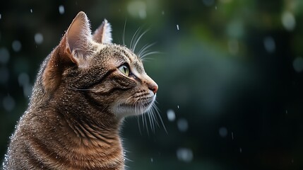 Tabby cat in profile surrounded by rain drops with serene expression creating a calming portrait