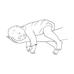 Newborn baby lying on arm. Small child with eyes closed lies on hand of father or mother. Black graphic illustration. Paternity concept or Motherhood. Vector infant for postcard, parenting's articles
