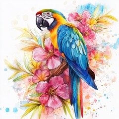 Fototapeta premium Vibrant Watercolor Parrot Amidst Tropical Blooms: Aloha Beach Scene
