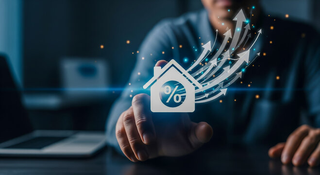 Person interacting with a digital house icon showing upward growth and percentages - Powered by Adobe
