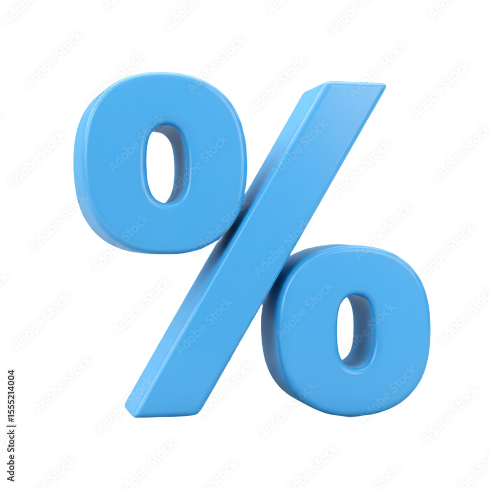Poster a bright blue 3d rendered percentage symbol with a glossy finish isolated on a transparent backgroun