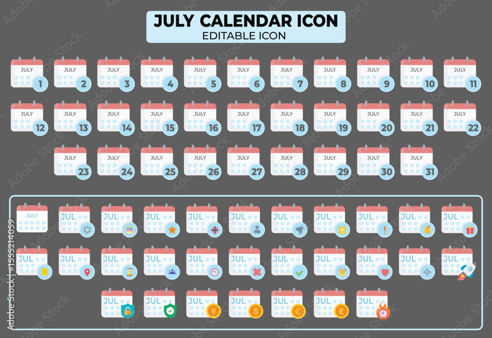 Poster july calendar icon set with dates and symbols for graphic design elements