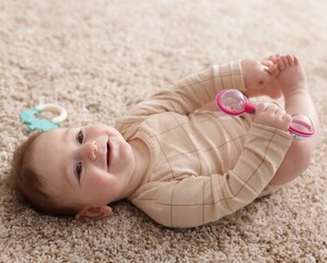 Cute little baby with rattle toy on floor at home