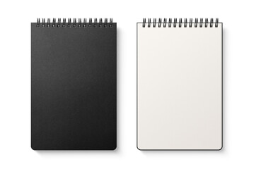 Spiral bound notebook mockup template with black paper cover isolated on a transparent background, PNG. High resolution.