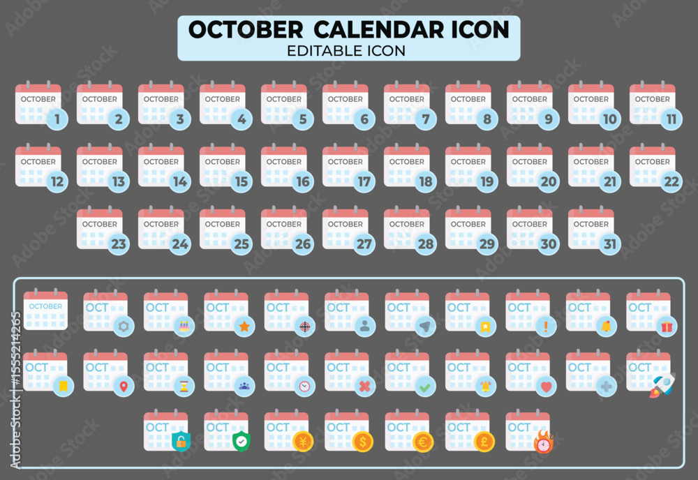 Poster october calendar icon set with editable features for planning and scheduling activities